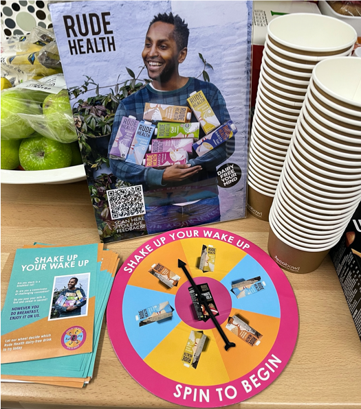 Rude Health office display during office sampling campaign with promo