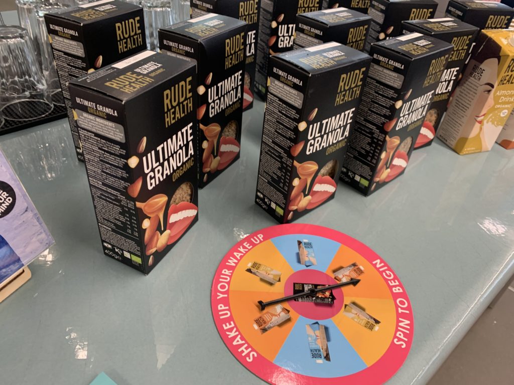 Rude Health Office Sampling display with promo material